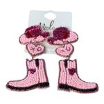 Viola Beaded Dangle Earrings Cowboy Hat Heart Boot Pink Western 2.5" New Photo 2