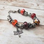 Vintage Dragonfly Charm Bracelet Silver Tone & Orange/Red Beads Photo 0