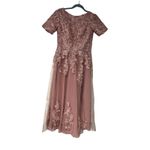 Pink Lace Embroidered Short Sleeve Midi Dress With Tulle Overlay & Ribbon Tie Ba Size undefined Photo 1