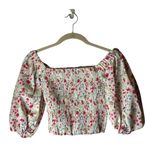 Sokie Collective Shirt Women Small Greenwich Floral Puff Sleeve Smocked Top NWT White Photo 1