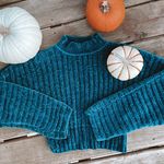 American Eagle Teal Chenille Cropped Sweater Photo 0