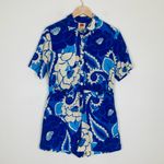 Farm Rio  linen blend blue and natural white cream colored short sleeve romper. S Photo 0