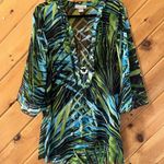 Peppermint bay tropical palm leaves sheer swim coverup Blue Size L Photo 2