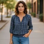 Hollister  Womens Blouse Sz‎ XS Blue Gold Sheer Chiffon Designs Photo 1