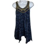 Anthropologie LANGUAGE LA Shades of Blue Hankie Hem Gold Embroidered Top XS Photo 1