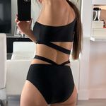 Women small black solid two piece bikini set high waist panty one shoulder top Photo 2
