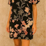 Nicole Miller Peach Cream Black Floral Linen Shift Dress Medium Short Sleeve Photo 0