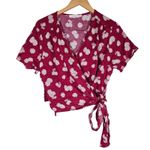 Lush Clothing Lush Floral Print Short Sleeve Cropped Wrap Blouse Ranya Berry Cream Size L NWOT Photo 0