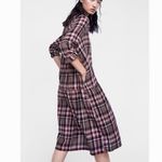 ZARA  Tan Brown Red Check Plaid Oversized Midi Dress - Pockets Roll Tab Sleeves L Photo 5