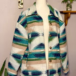 White with Earthy Toned Southwest Pattern Winter Collared Jacket with Pockets Blue Size M Photo 0