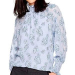 Rebecca Taylor ✨ Smocked Neck Silk Rose Print Sz. 10 Blouse Light Blue Metallic✨ Photo 0