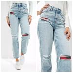 American Eagle  High Rise 90s Boyfriend Distressed Jeans Plaid Patches - 2 Short Photo 1