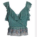 Veronica Beard  Silk Teal Paisley Randa Ruffle Trim Peplum Top Photo 1