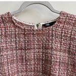 ZARA  Womens Tweed Fringe Cropped Top Pink White Size Large Photo 2