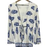 Love Riche  Front Tie Romper - White/Blue Print - Medium Photo 0