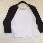 Syd + Mallory Leather Wink Eye Crop Tee Varsity Baseball Jersey 3/4 Sleeve Shirt White Photo 2