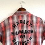 Harley Davidson Women’s Shirt Orange Brown Plaid Bleach Effect Size Medium Photo 3