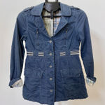 Free People  Women’s Blue Cotton Short Coat Size 2 Striped Belt Plaid Lining EUC Photo 0