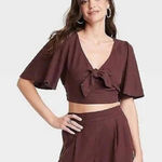 A New Day  Linen Blend Flutter Sleeve Tie Front Crop Shirt Brown Burgundy XS Photo 0