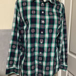 Talbots  Petite Plaid Button Down Shirt Women MP Green Navy Red Floral Accents Photo 0