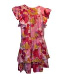 PINCH Women's Pink Gold Watercolor Ruffle Sleeve Tiered midi Dress Cinched Waist Photo 4