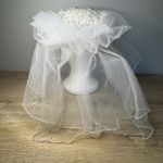 Vintage Wedding Veil Hat White Cream Faux Pearl Lace Double Veil Beaded Photo 3