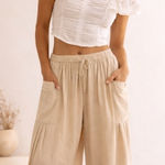 Free People NWT  Cream Linen Wide Leg Drawstring Pants Size L Boho Beach Resort Photo 0