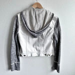 Free People  | Knit Hooded Denim Jean Jacket White Gray Mixed Distressed | Small Photo 2