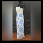 AUW  Off White & Blue Florals lace on top w/sheer lower sleeveless dress - Size L ***Refer to measurements as size tag removed. Adorable and conservative/ gently warn once. In excellent condition. Great for HOCO, weddings or dressy evening out or cruise. Measurements approximately 15.5-16” from armpit to armpit x 13” waste x 48” long. None smoking home. Priced to sell at as is condition. Don’t like my price make reasonable offer. Photo 1