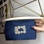 Jessica McClintock Navy Satin Evening Bag Womens NWT Rhinestone Pearl Chain Photo 6