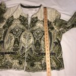 Chico's Jacket Open Front Size 2 Large Woven Textured Green Print Frayed Edges Photo 5