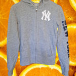 PINK - Victoria's Secret Pink New York Yankees Full Zip Gray Hoodie with Writing on Back‎ Size Small Photo 0