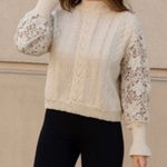 Boutique Womens White Floral Lace Cotton Crochet Knit Ruffle Mock Neck Sweater sz XL Chic Photo 0
