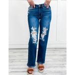 Judy Blue Dad Jean Mid Rise Straight Distressed Denim Blue Stretch Size 7 28 NWT Photo 1