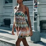 ZARA Geometric Print Straight Neck Strappy Embroidered Short Dress Size Small Photo 3