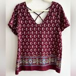 Sienna Sky Maroon/Blue/Tan Paisley Print Short Sleeve Blouse, Size Medium Photo 1