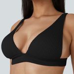 Halara  Black Ribbed Deep V Tie Back Bikini Top Photo 1