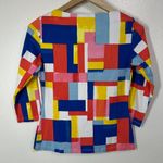 J. McLaughlin J. McLAUGHLIN Wavesong Jersey Knit Fitted Top XS Blue Red Yellow Abstract Tile Photo 1