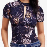 Free People Hear Me Roar Short Sleeve Keyhole Neck Floral Print Size L Bohemian Photo 0