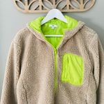 BP Faux Shearling Bomber Jacket Hooded Tan/Lime Green Sz Small Photo 1
