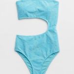 Aerie NWT  Terry Cut Out Strapless One Piece Swimsuit in Big Sur XL Photo 4