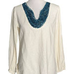 Isaac Mizrahi Isaac Mizrahi Beaded Tunic Top Womens S Linen Long Sleeve Resort wear Vacation Photo 0