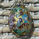 GOLD FLLD CHINESE CLOISONNÉ ENAMEL EGG FLWR PENDANT 925 CHAIN NECKLACE Italy VTG Photo 3