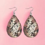 Musical Note Rose Flower Pattern Teardrop Dangle Earrings Faux‎ Leather Brown Photo 3