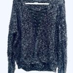 EXPRESS Women’s Black Marl Eyelash Texture Sweater Lace Up V-Neck Size Medium Photo 0