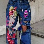 Distressed Jeans Ripped‎ Graphic Print Denim Streetwear Jeans Size L Blue Photo 0