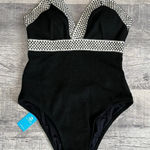 Cupshe  NEW O-Ring Cutout One Piece Swimsuit Women M Black White Chevron Trim Photo 0