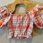 Abound  Smocked Crop‎ Top Plaid Puff Sleeve Blouse Orange White Small Photo 0