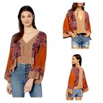 Free People  Women's Purple Multi Stripe/Floral Mix-n-Match Bell Sleeve Top sz XS Photo 1