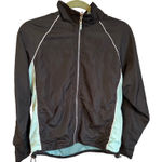 Womens Black Track Jacket Full Zip White Trim Athletic Teal Accents Large Photo 0
